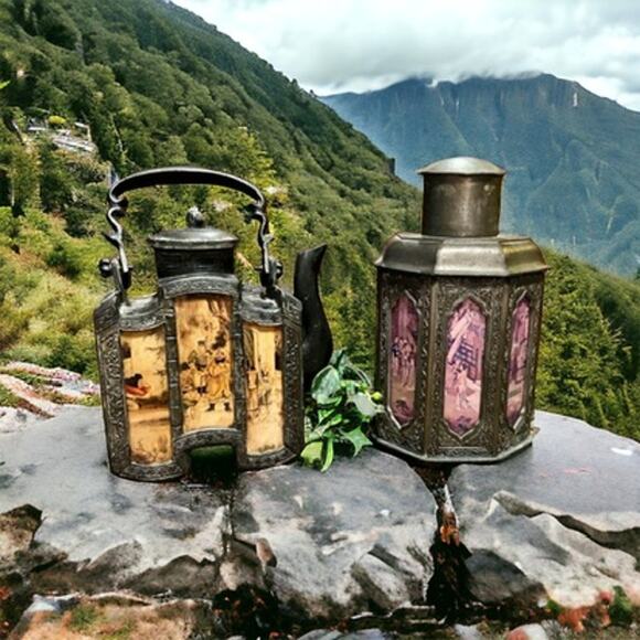 Antique Chinese Shantou Teapot & Tea Caddy-Lithograph Glass Panels-Metal-Asian - Picture 14 of 14